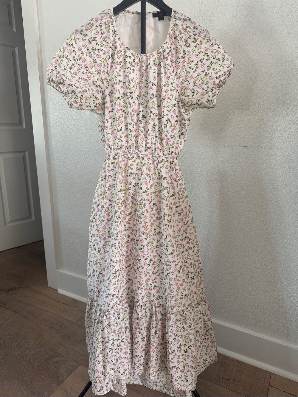 J. Crew White Floral Midi Dress with Pink & Green Print